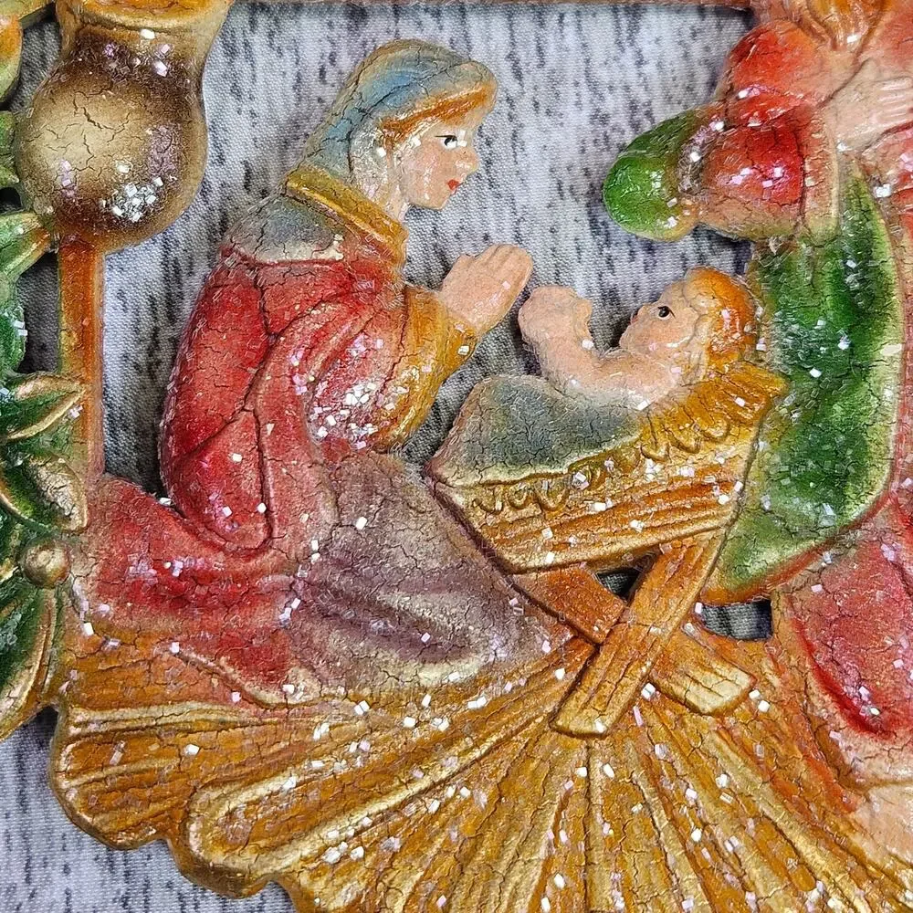 VTG 70s Christmas Tree Ornament Set of 2 Nativity Baby Jesus Mary Joseph Stable